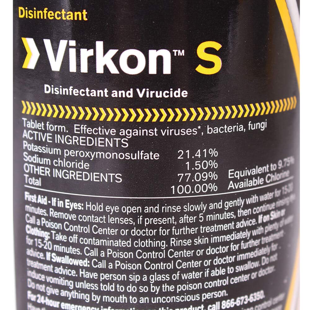 Lanxess Virkon S bottle pour showing ready-to-use disinfectant solution