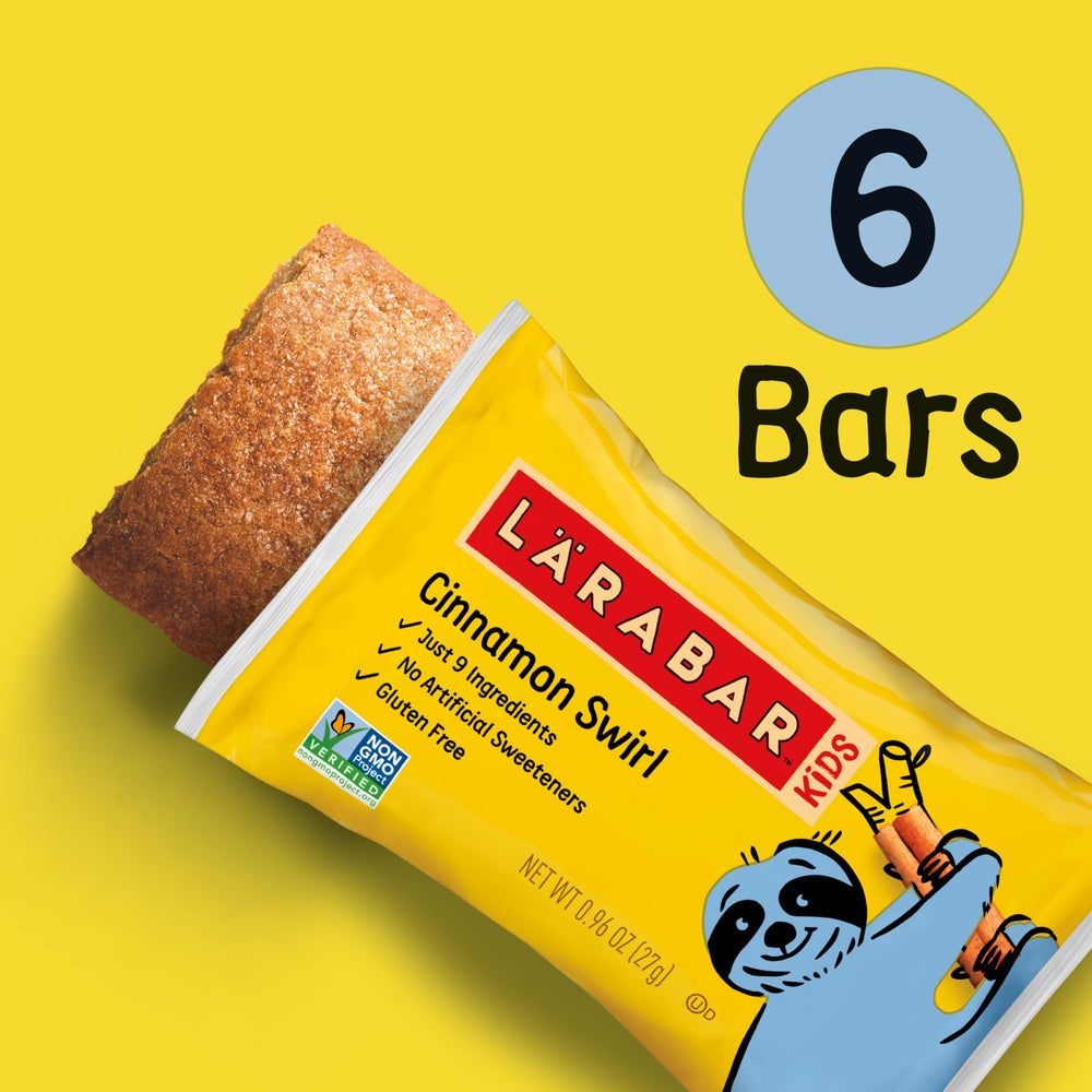 Larabar Kids Bakes Cinnamon Swirl bars Non-GMO badge shown, verified snack.