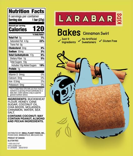 Larabar Kids Bakes Cinnamon Swirl bars packaging visible, ideal for school lunches.