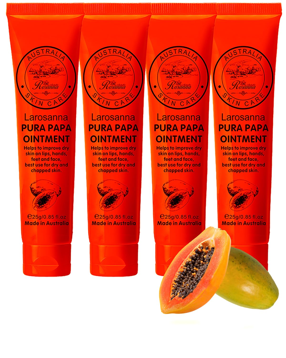 larosanna pawpaw ointment four-pack packaging shows natural formula for everyday protection