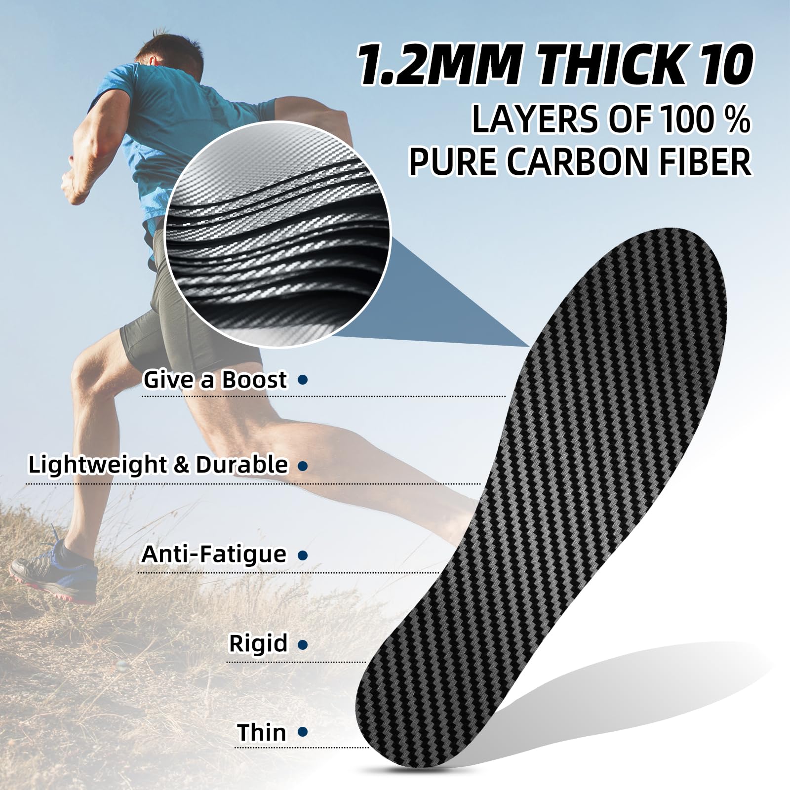 LARXREHY 180-degree flat design insole minimizes forefoot flex for stability