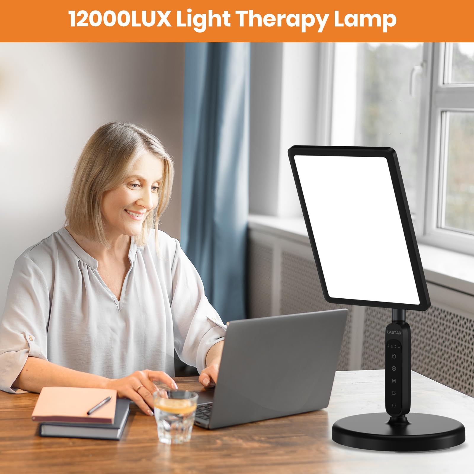 LASTAR light therapy lamp head-rotation enables targeted illumination for reading or work.
