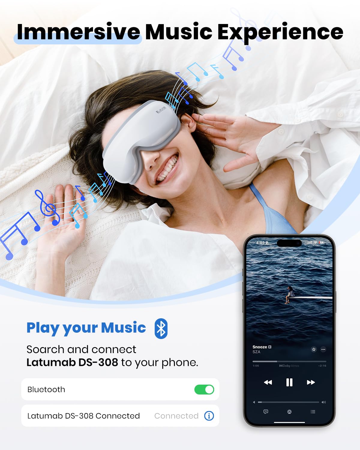 Latumab Eye Massager with Heat showing Bluetooth music feature.