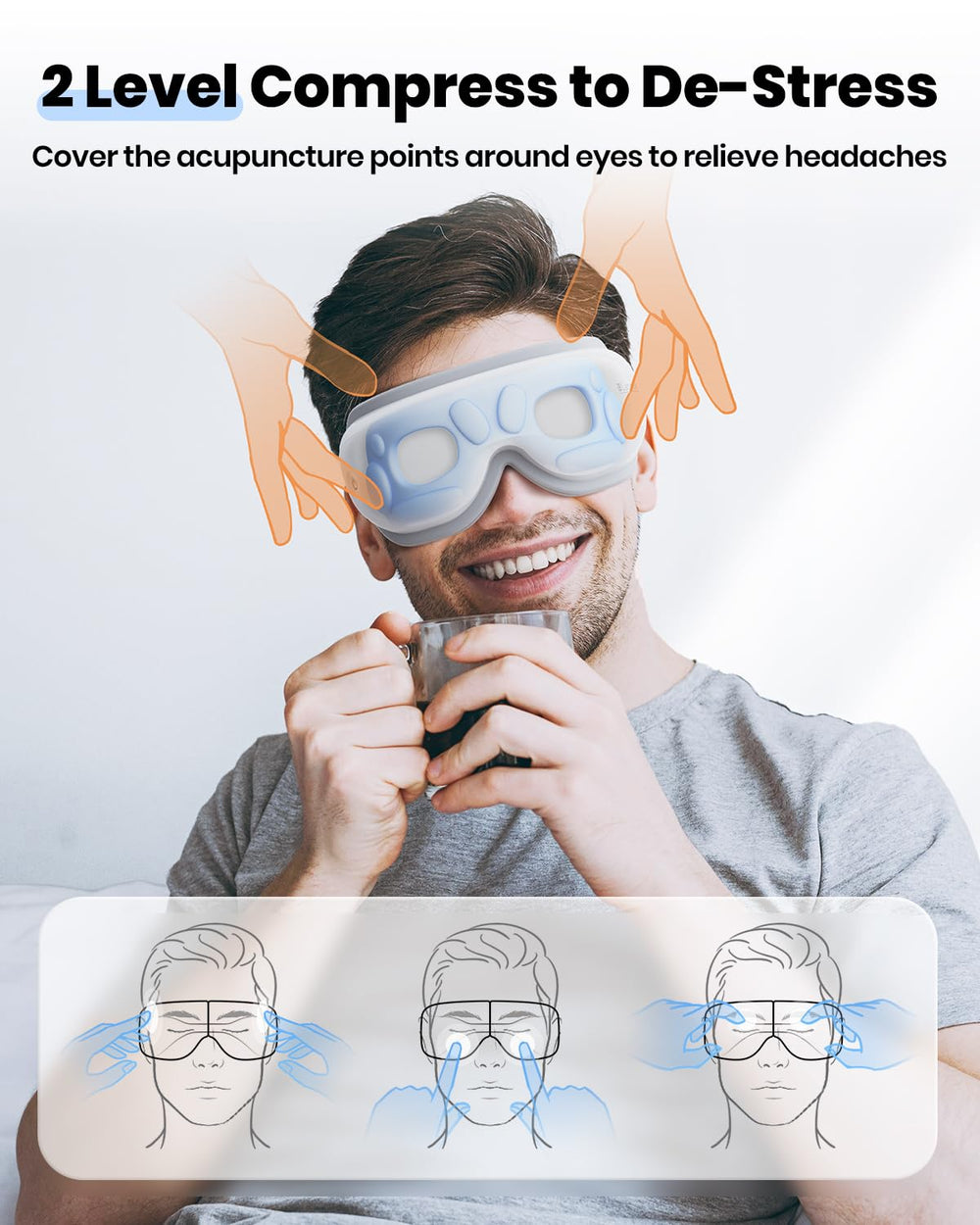 Latumab Eye Massager delivers massage action across the eyes and upper face.