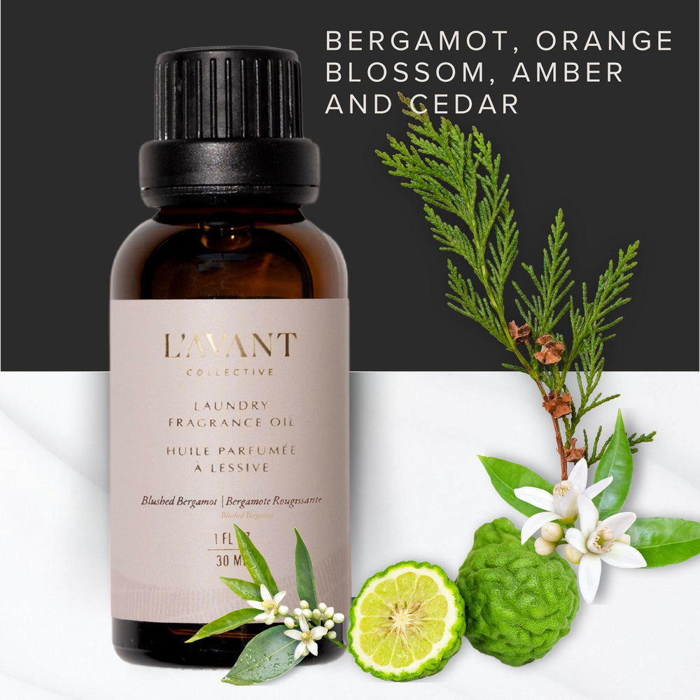 Towels scented with L'AVANT Blushed Bergamot laundry oil.
