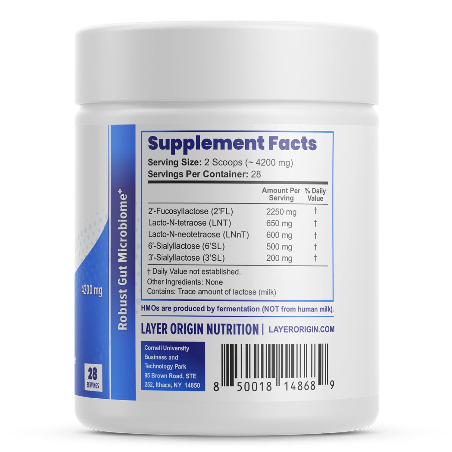 Layer Origin bottle with storage tips for pantry-friendly prebiotic powder.