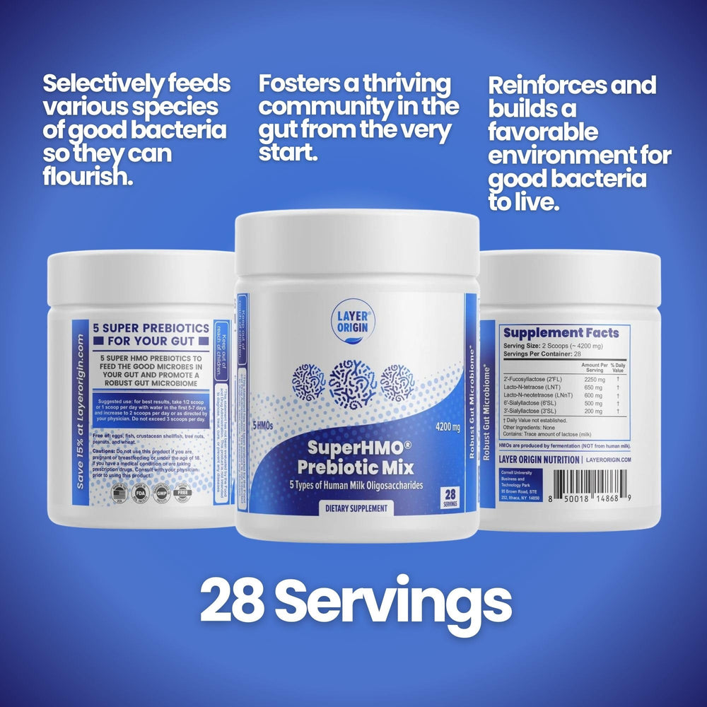Layer Origin SuperHMO label close-up highlighting HMOs and formulation.