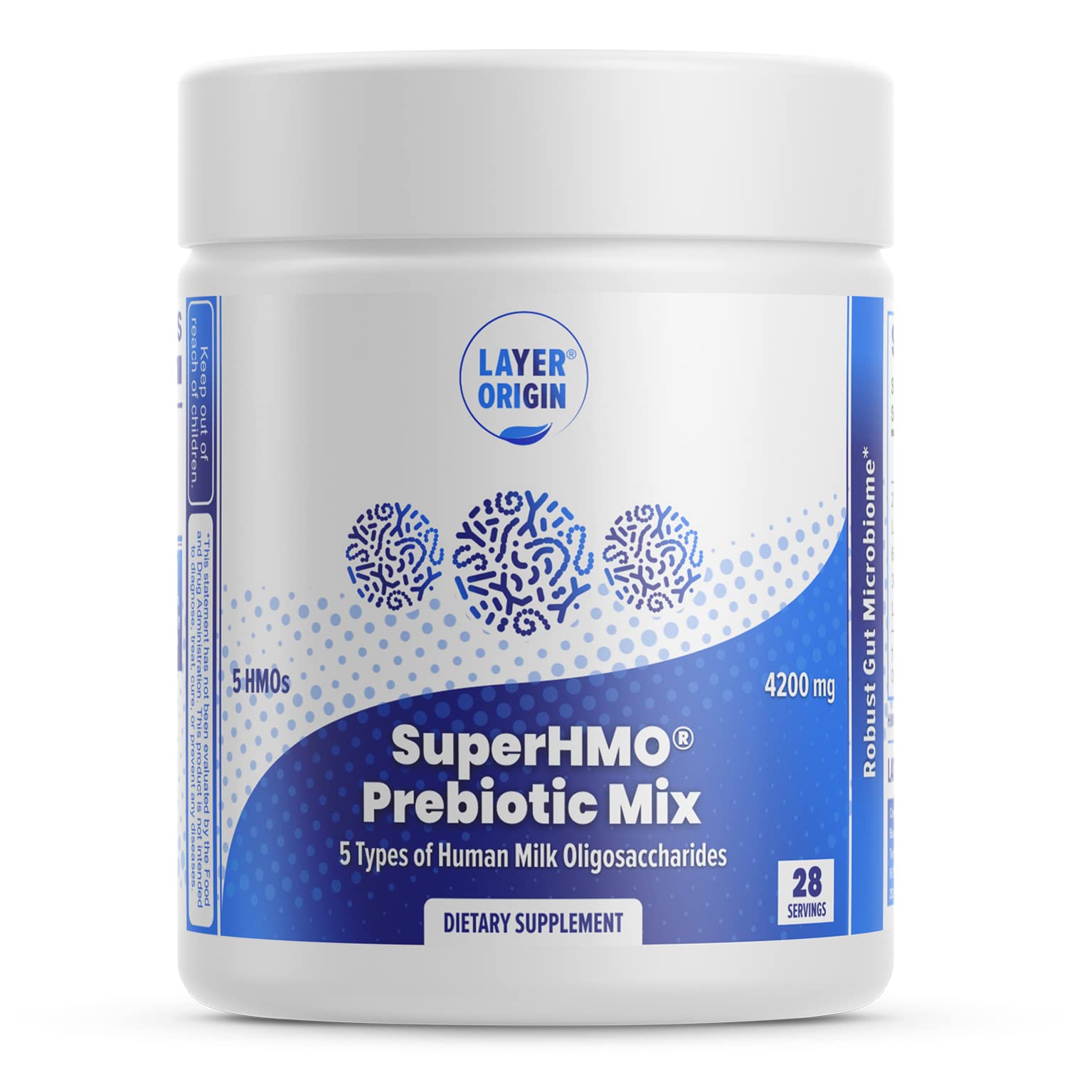 Layer Origin SuperHMO powder with scoop for daily gut support and easy dosing.