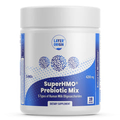 Layer Origin SuperHMO powder with scoop for daily gut support and easy dosing.