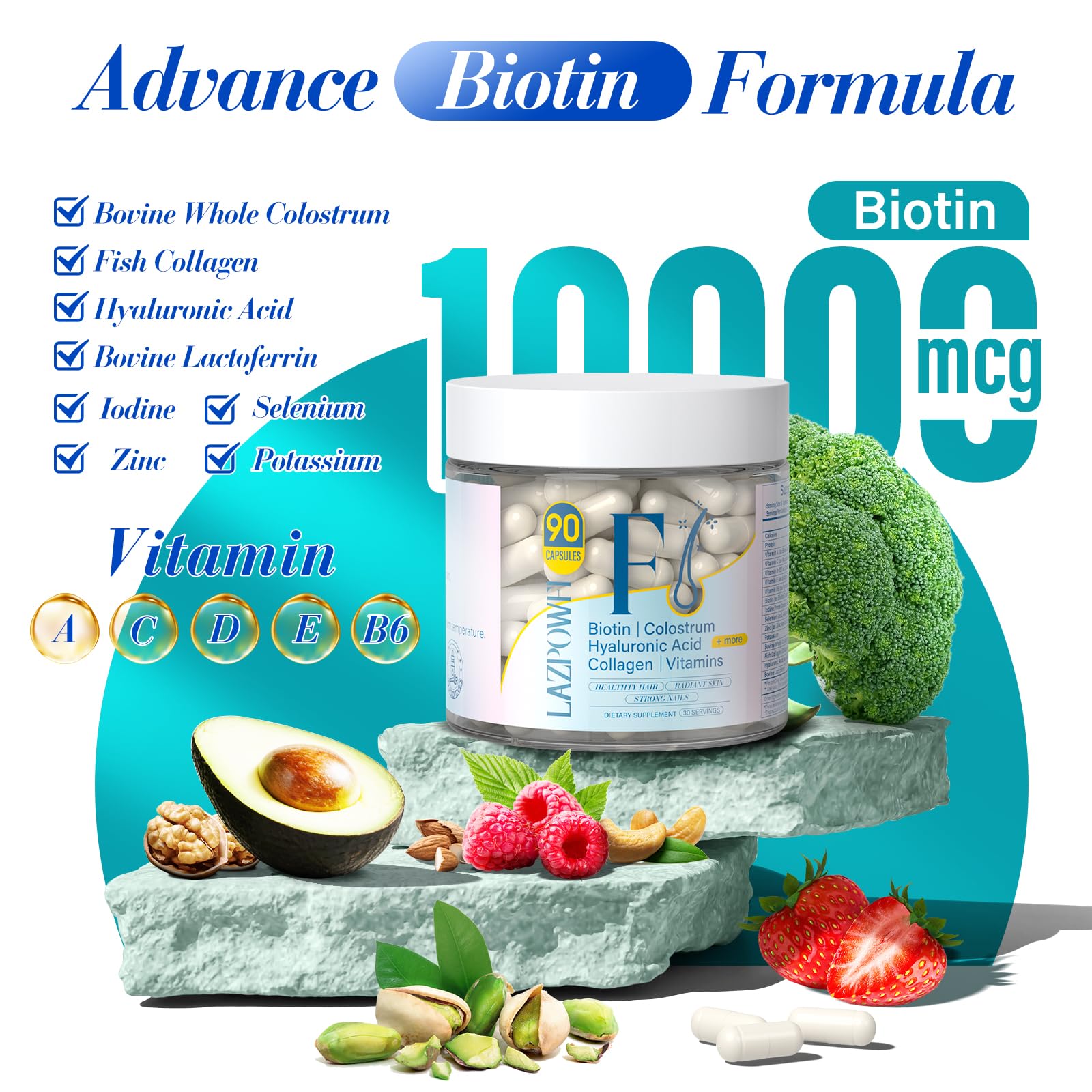 Lazpowfi Biotin capsule closeup highlighting hair strengthening support