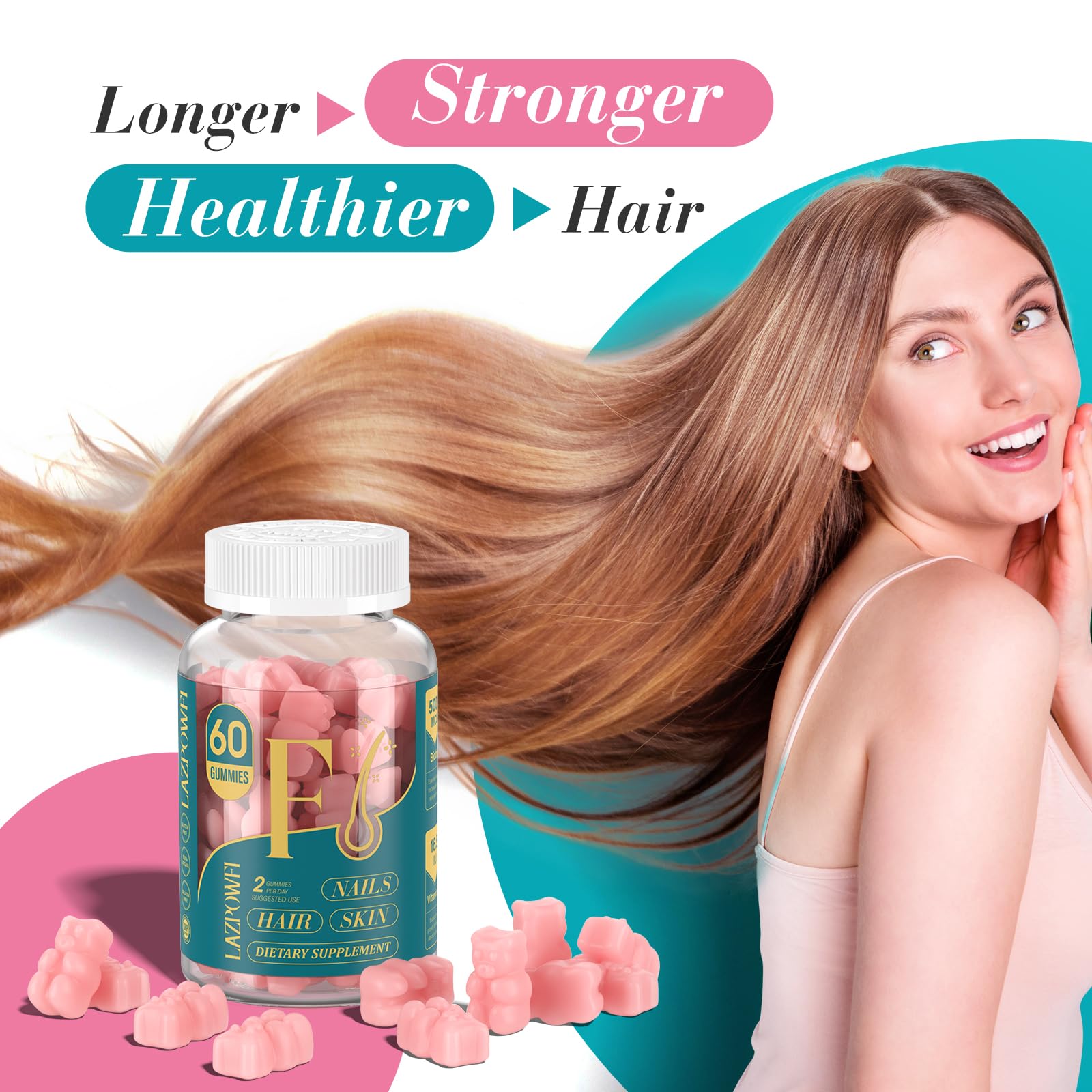 Close-up of Lazpowfi bear-shaped gummies for convenient daily hair care.