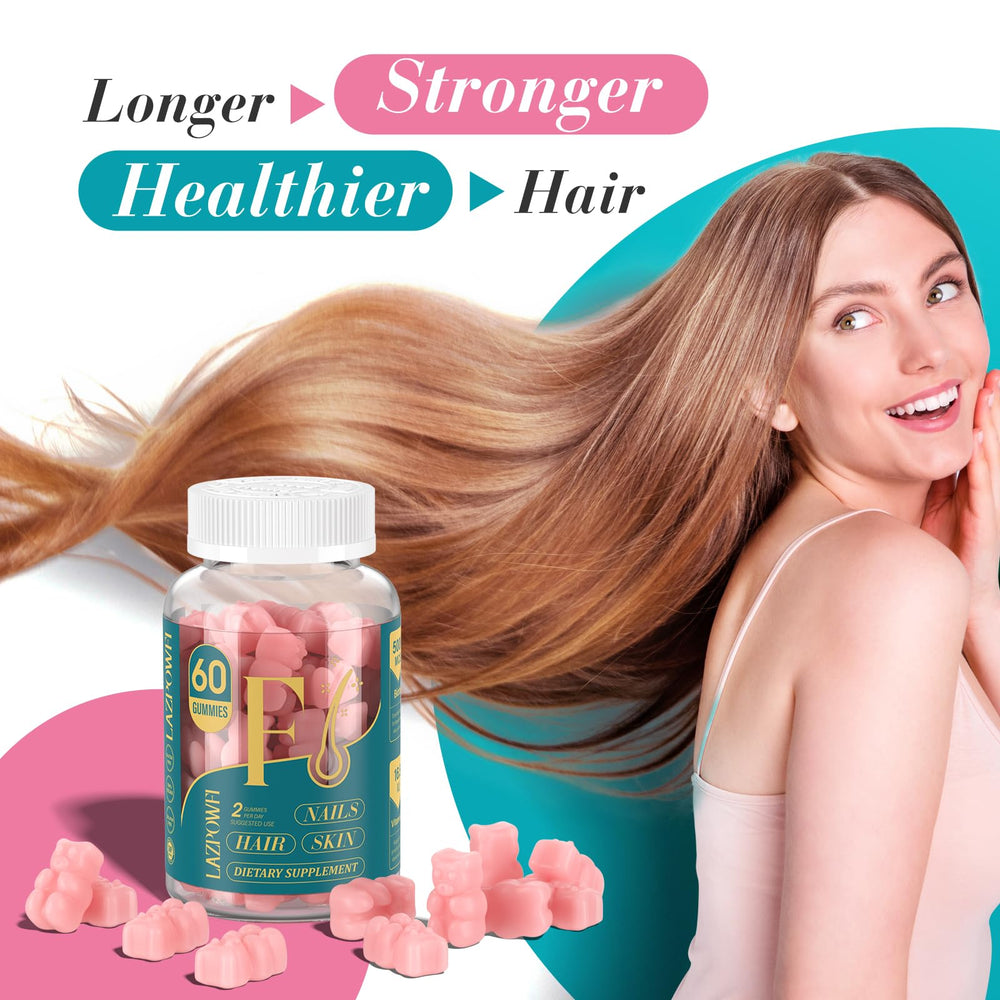Close-up of Lazpowfi bear-shaped gummies for convenient daily hair care.