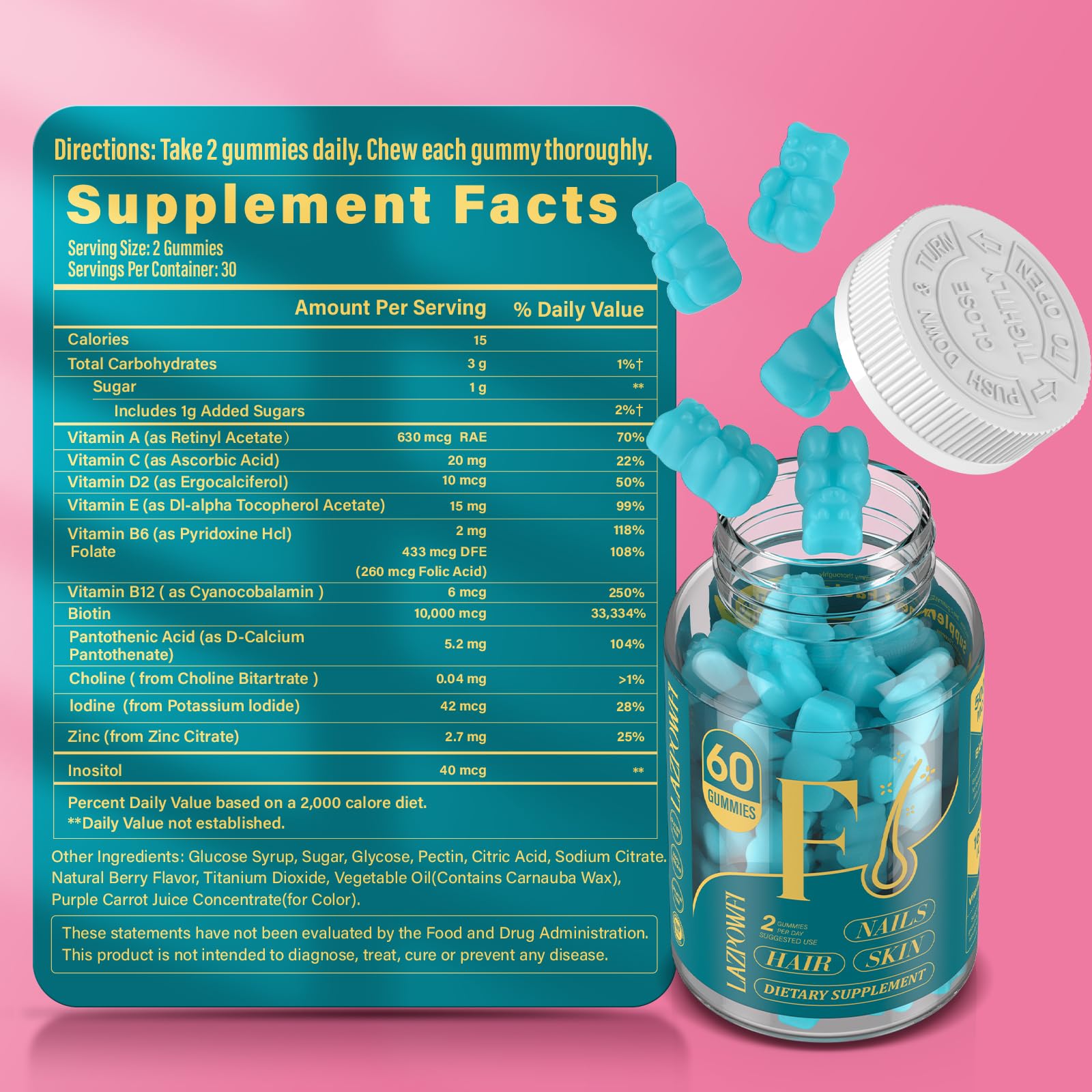Lazpowfi Biotin Gummies bear-shaped chews on a hand for easy daily nourishment.