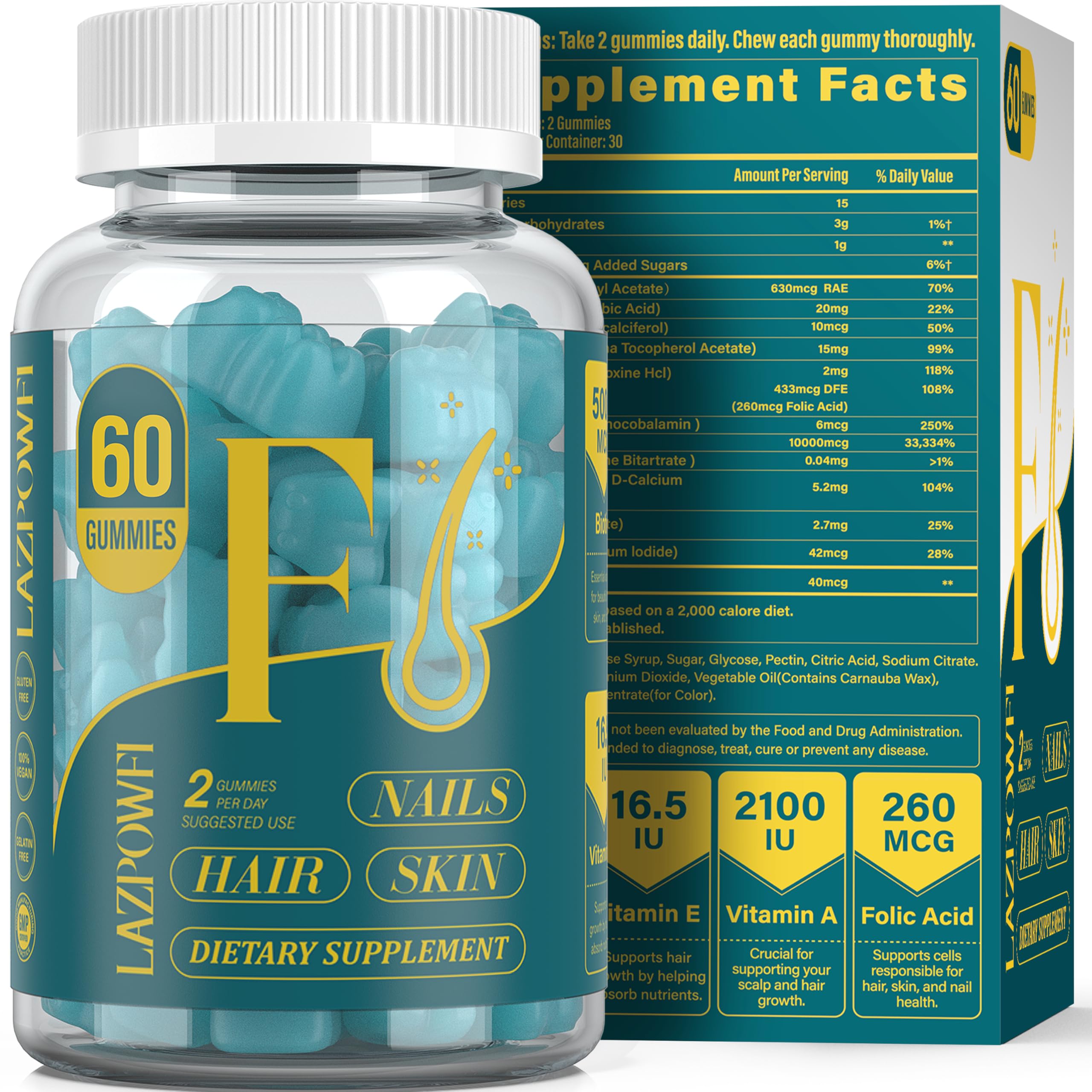 Lazpowfi Biotin Gummies bottle with blueberry flavor for convenient daily wellness.