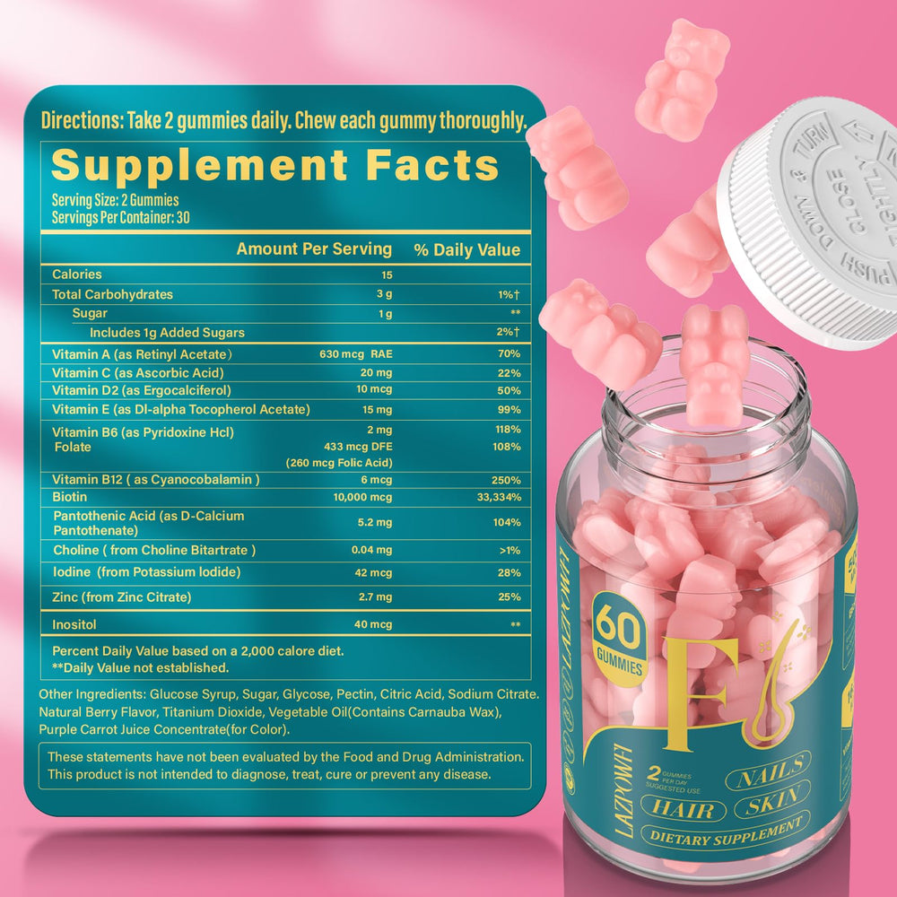 Ingredient panel showing biotin plus vitamins A, C, E, B5, B6, B9 for nourishment.