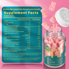 Ingredient panel showing biotin plus vitamins A, C, E, B5, B6, B9 for nourishment.