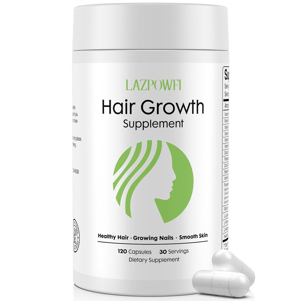 Lazpowfi hair growth bottle front showing 32-in-1 formula for healthier hair