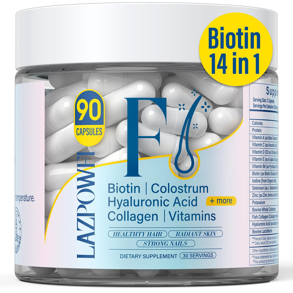 Lazpowfi Hair Skin Nails bottle showing all in one daily wellness capsules for hair skin nails support