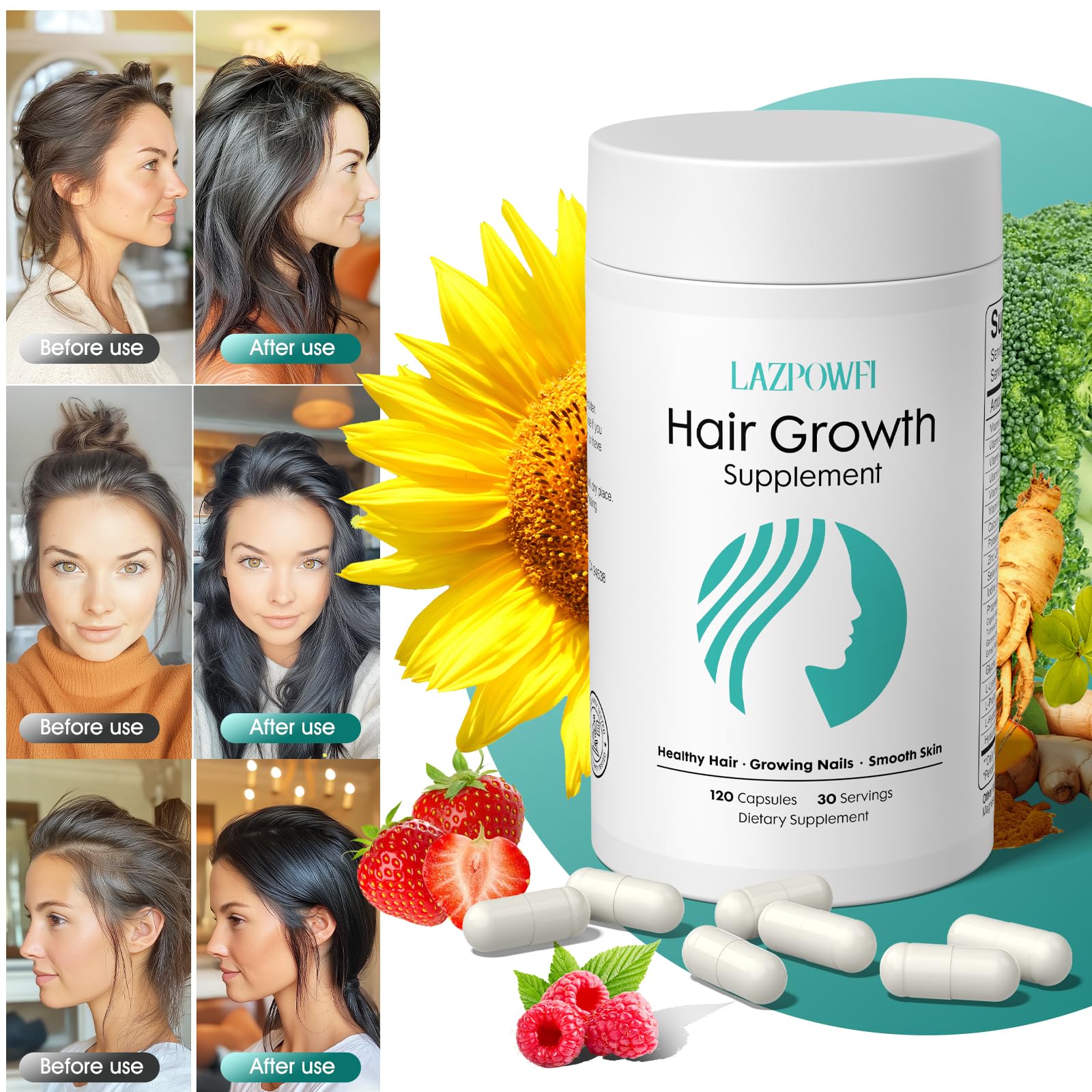 Lazpowfi ingredients chart showcasing the 30-in-1 formula
