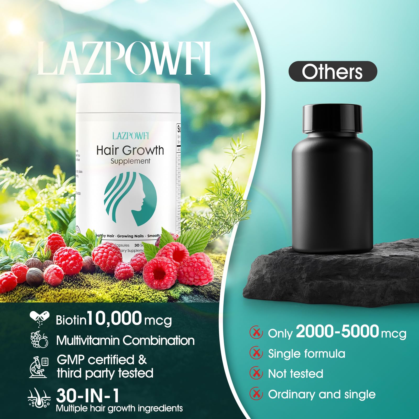 Lazpowfi label close-up highlighting high-potency biotin and vitamins