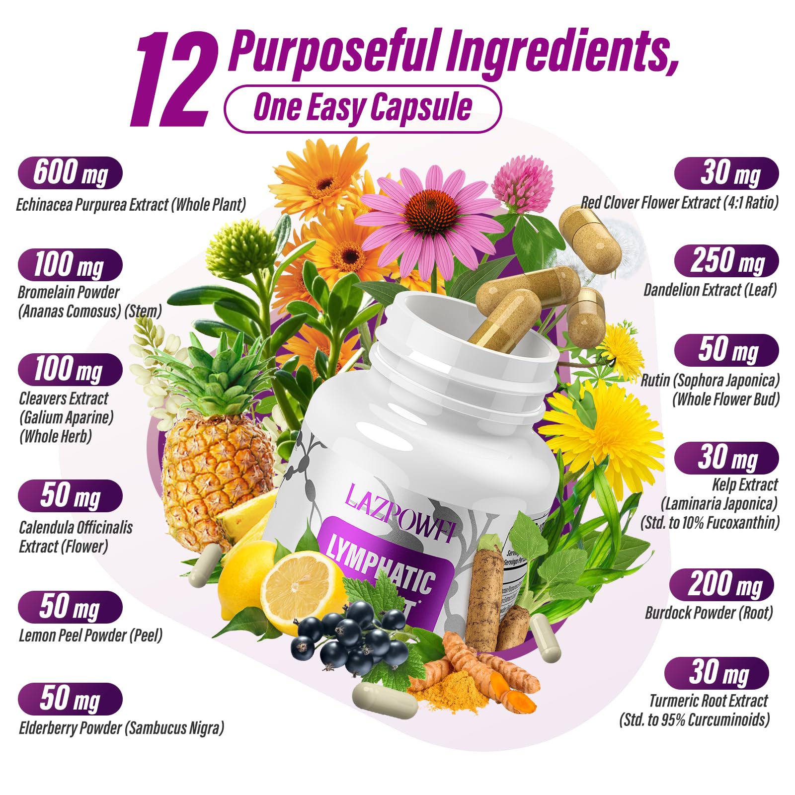 Lazpowfi Lymph capsules close-up, easy to swallow daily supplement