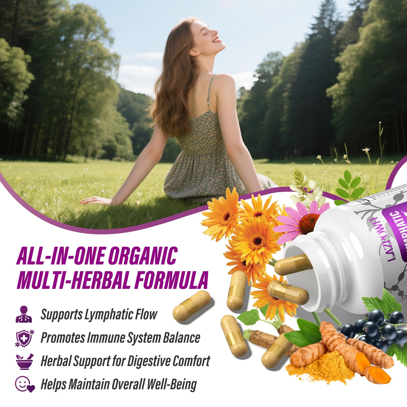Lazpowfi Lymph ingredients blend featuring dandelion and echinacea