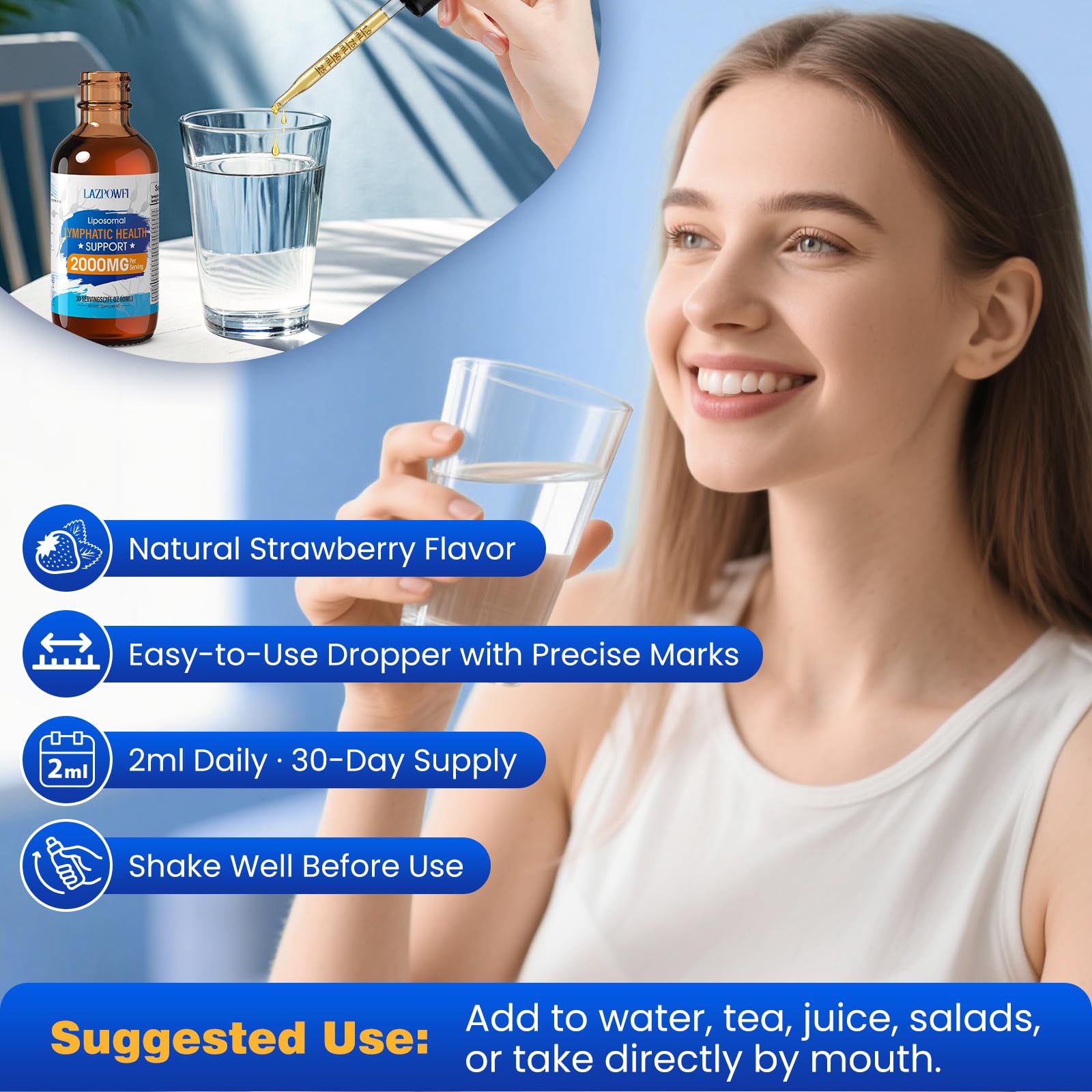 Lazpowfi Liposomal Drops Cleavers close-up highlights gentle cleansing support.