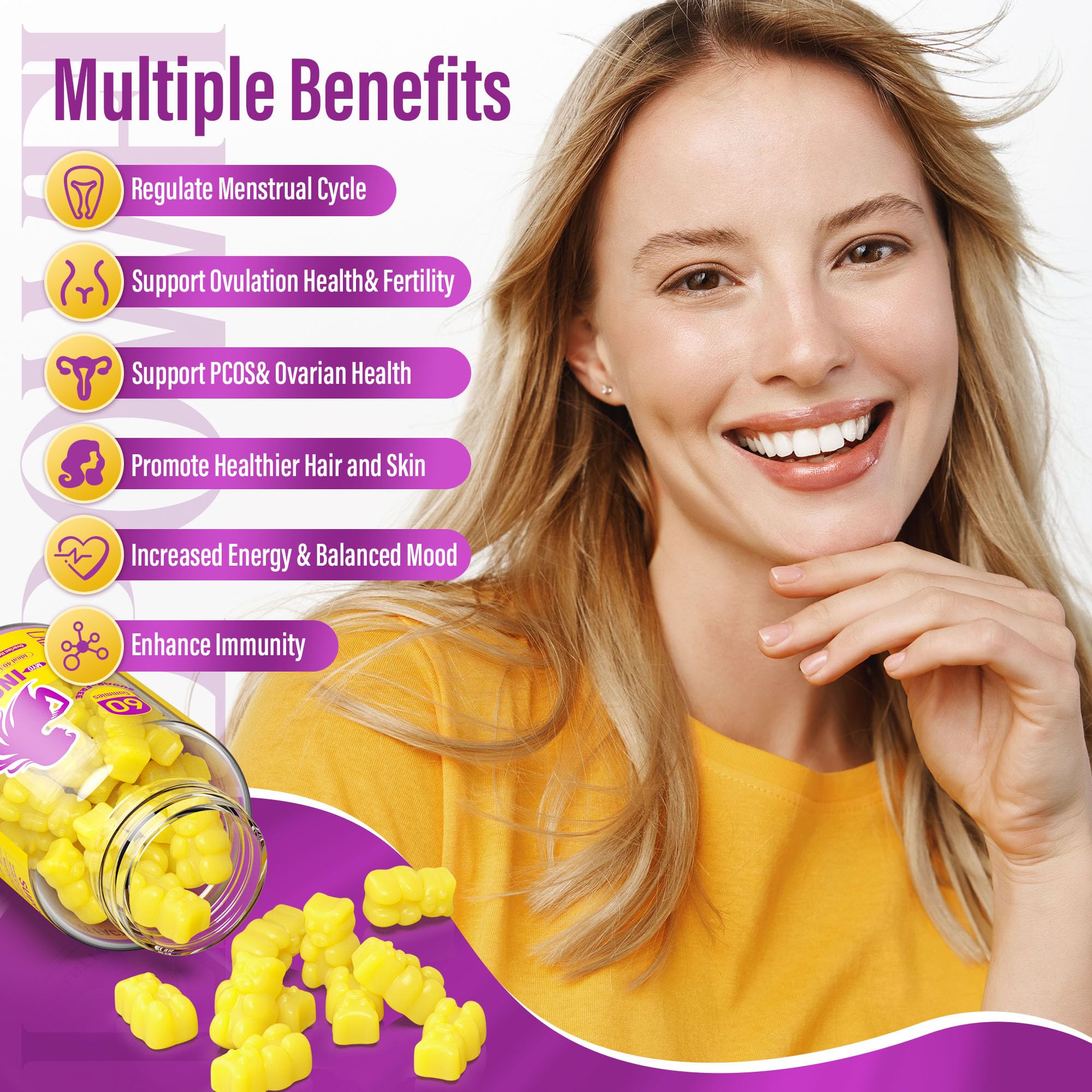 Lazpowfi Myo-Inositol-D-Chiro Gummies closeup - chewy texture for easy supplementation.