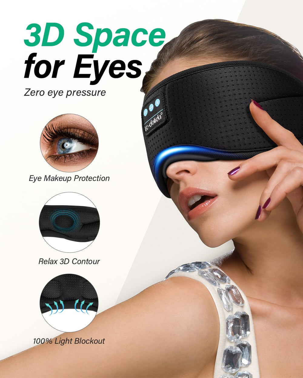 LC-dolida sleep headphones with 3D contoured design for eye comfort.