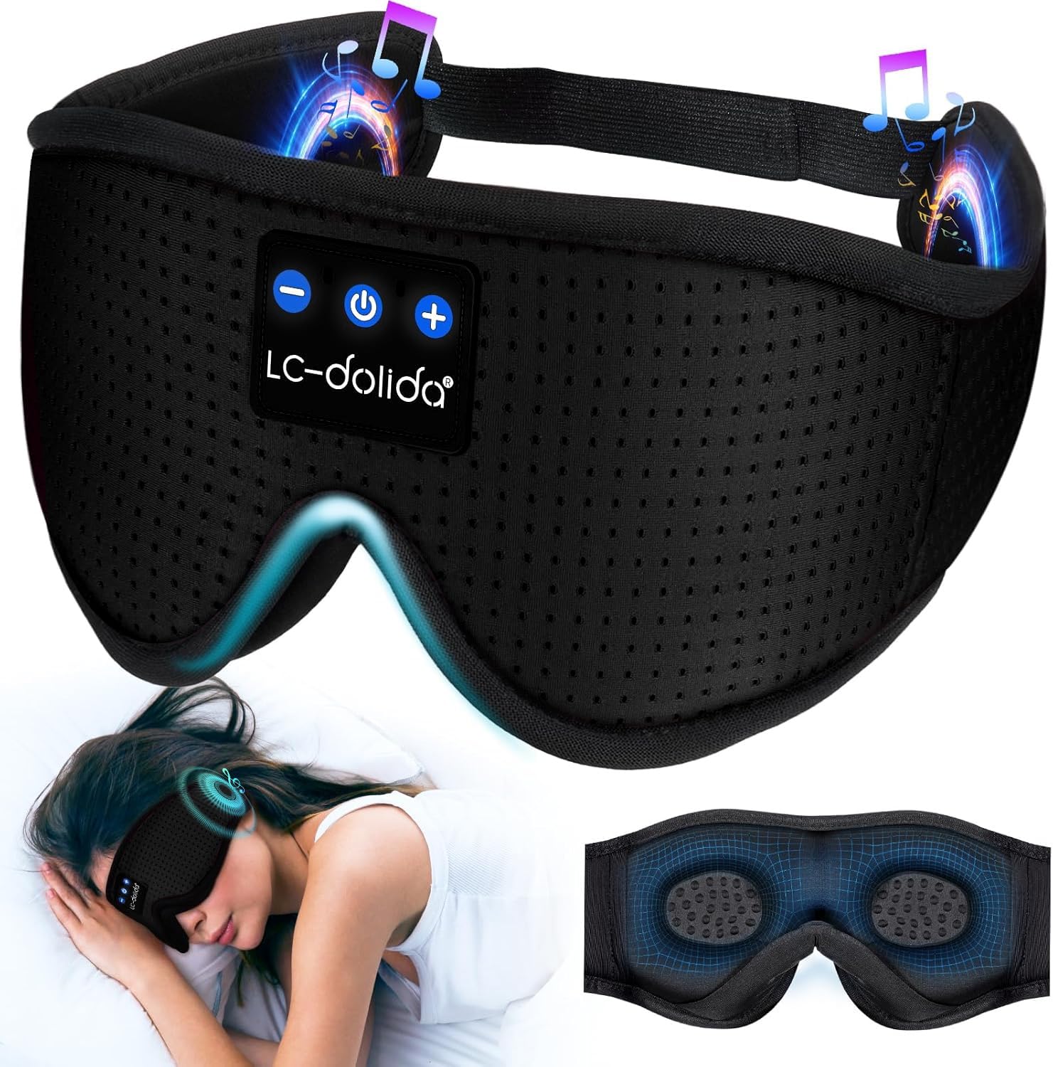 LC-dolida Sleep Headphones with 3D eye mask provide hands-free music during naps.
