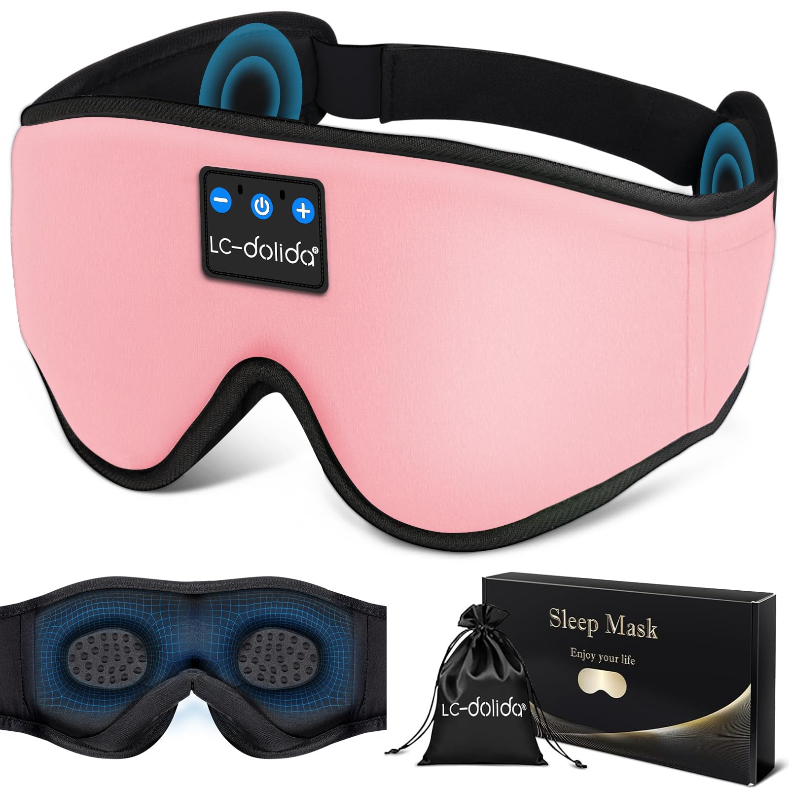 LC-dolida Sleep Headphones worn as a soft headband for hands-free music during sleep.