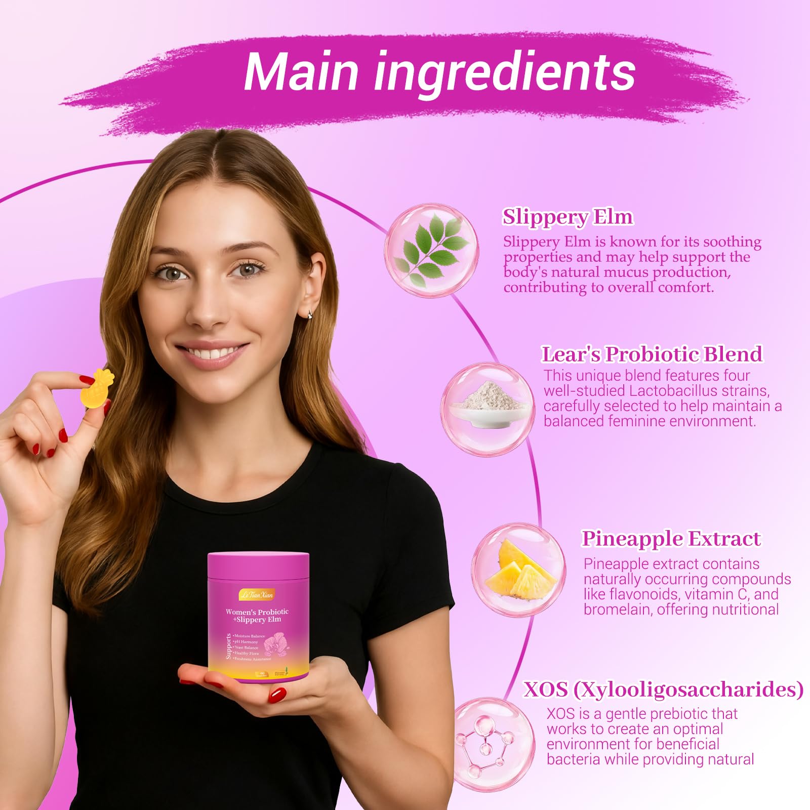 Le Tian Xian Her Juicy Gummies prebiotic blend illustration supporting gut balance