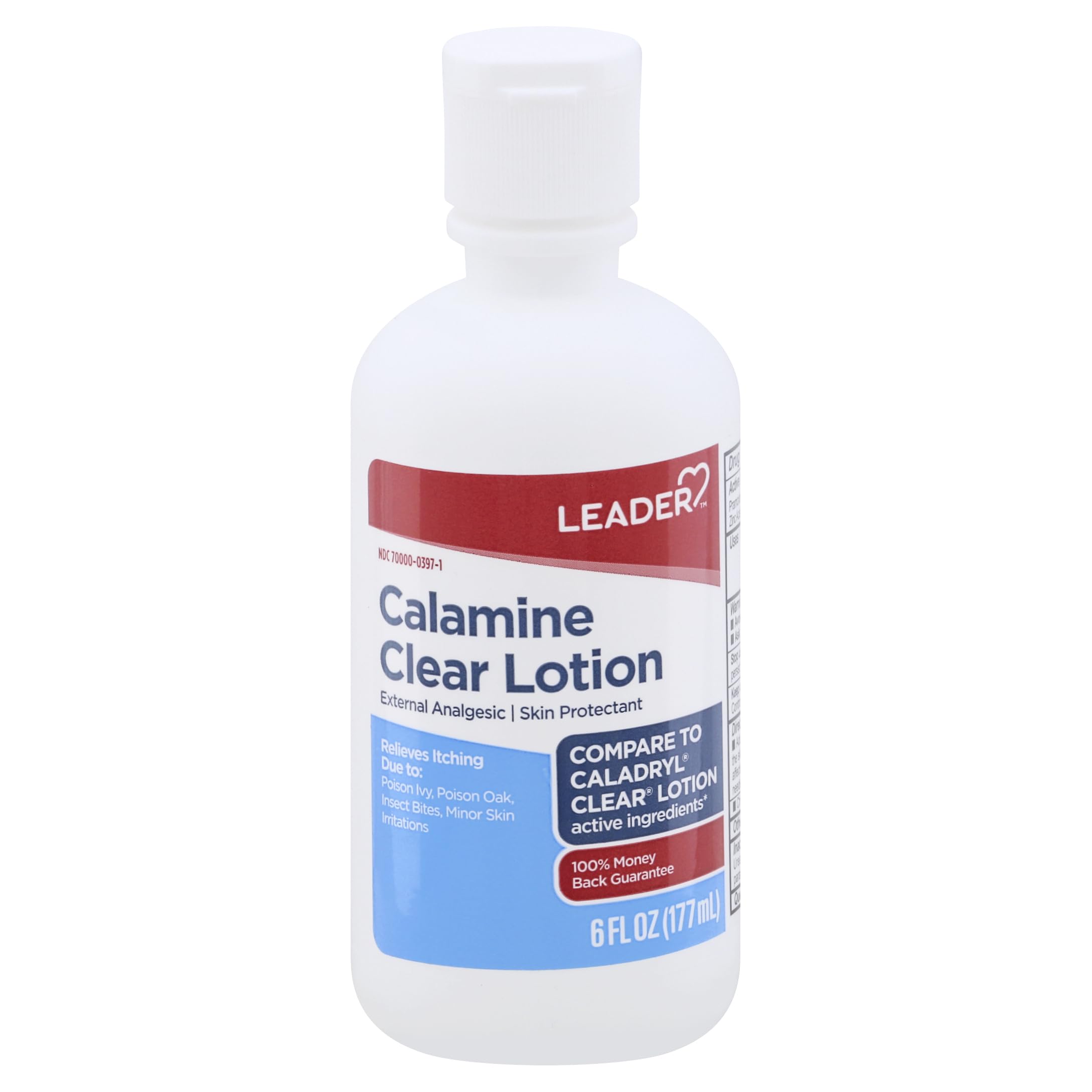 Leader Calamine Clear Lotion bottle shows cooling relief for itching.