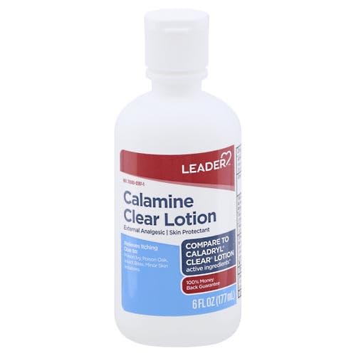 Leader Calamine Clear Lotion packaging highlighting usage directions.