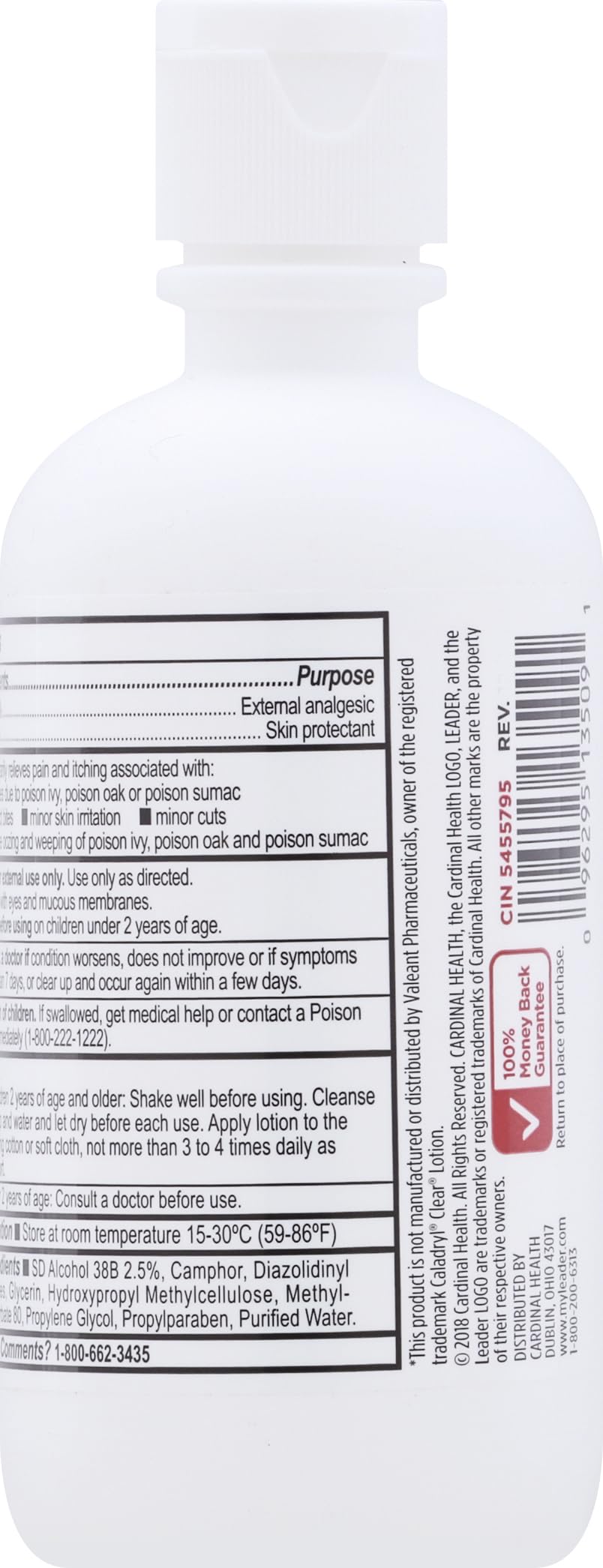 Close-up texture of Leader Calamine Clear Lotion drying on skin.