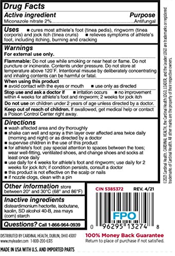 Leader foot powder spray aerosol can closeup showing talc-free formula and ease of use.