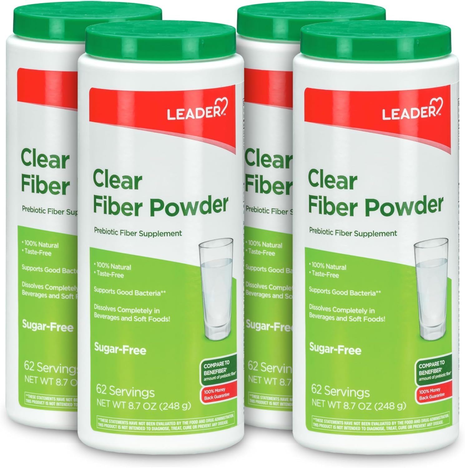 Leader prebiotic fiber powder dissolves clearly in water for easy daily use.