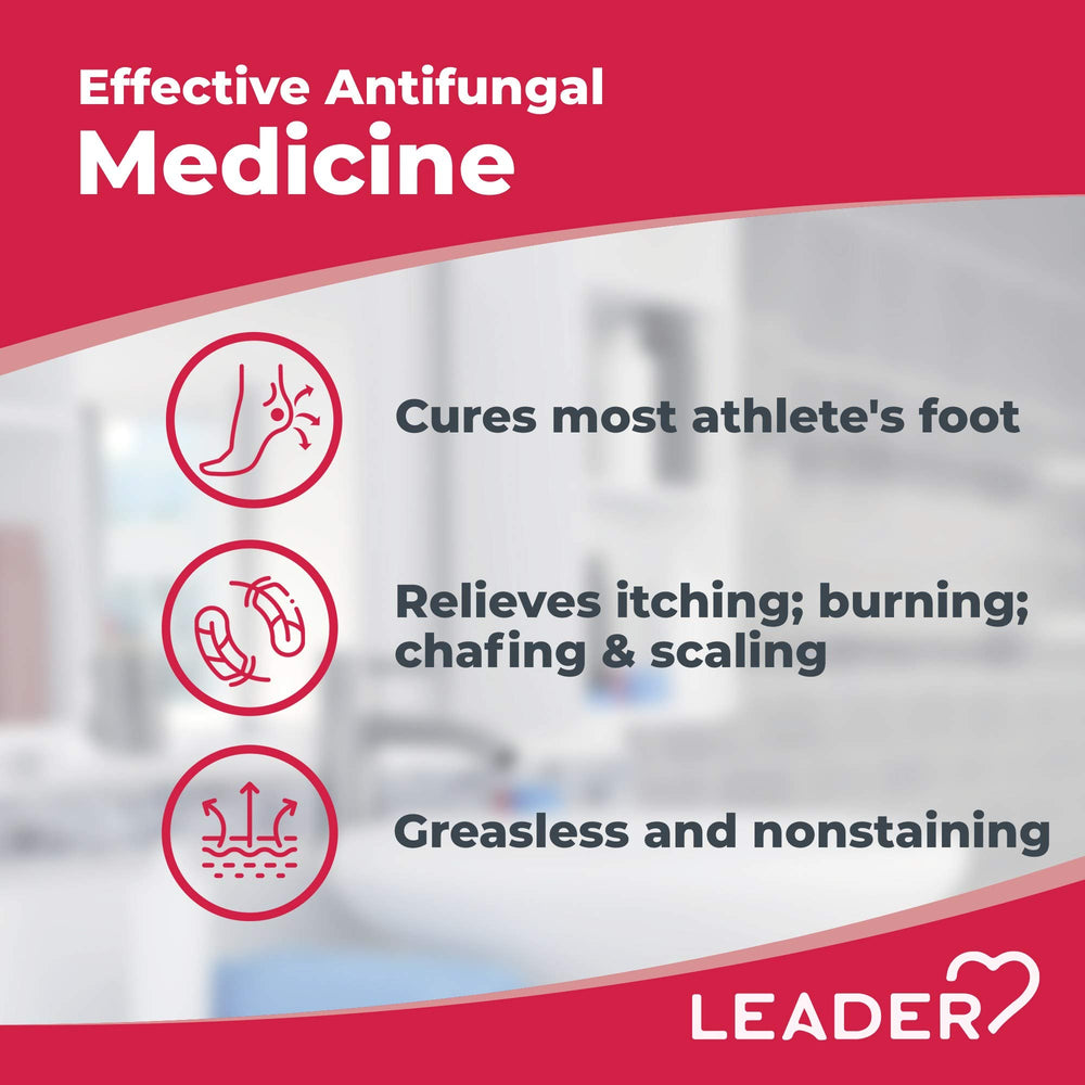 Talc-free Leader AF Powder Spray with clear labeling and active ingredients.