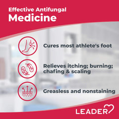 Talc-free Leader AF Powder Spray with clear labeling and active ingredients.