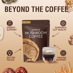 Leaead mushroom coffee powder jar ready to brew for smooth, jitter-free energy.