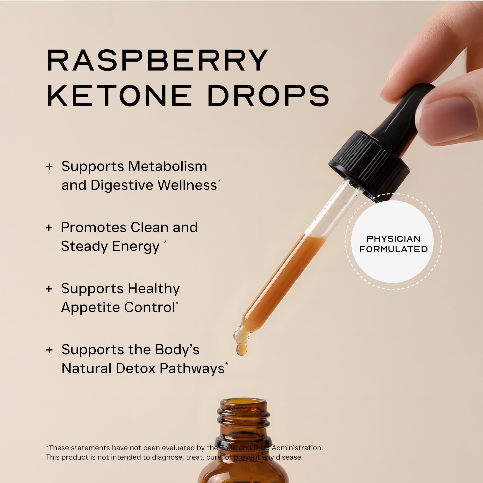 LEAN Nutraceuticals Raspberry Ketone Drops pouring for easy daily dosing and keto goals