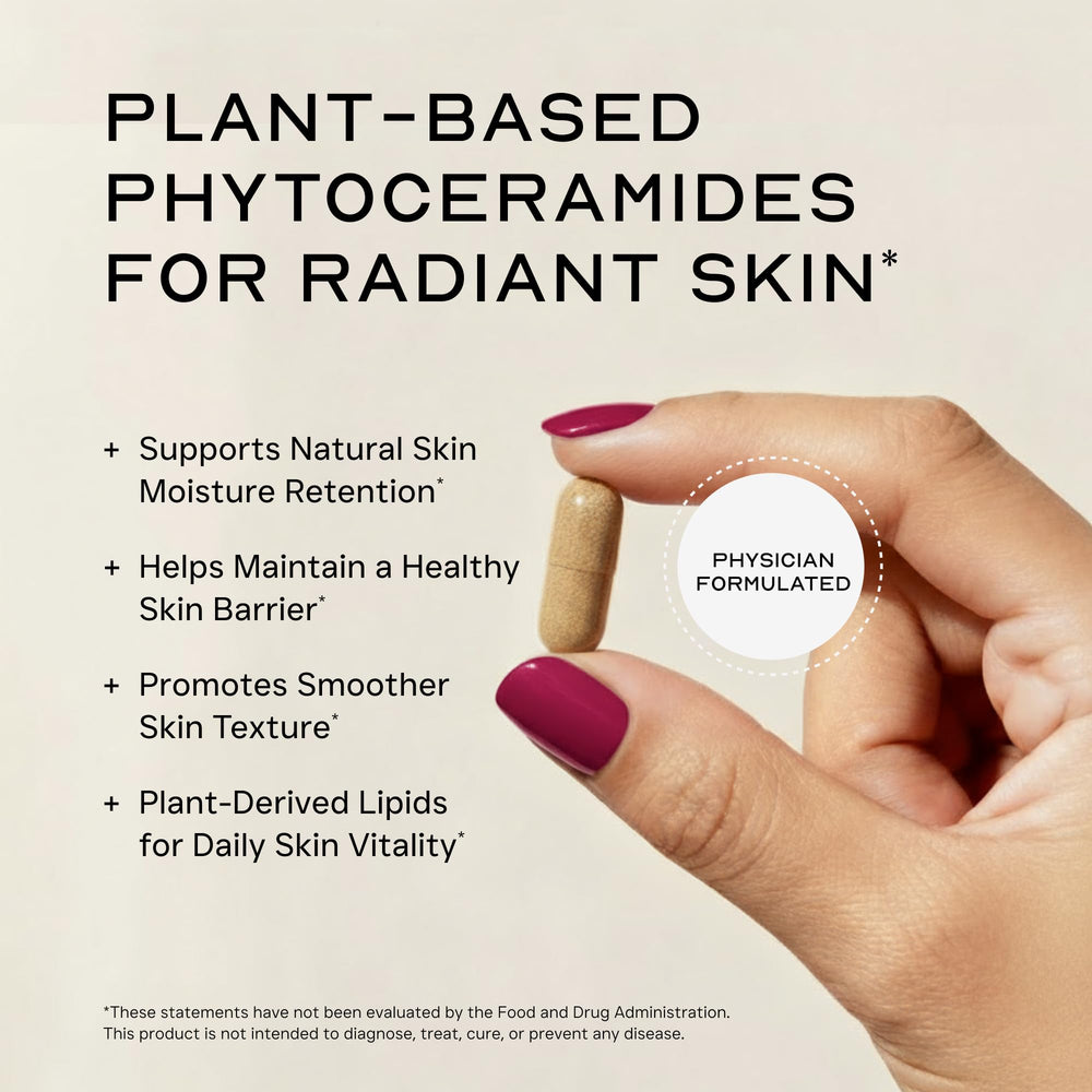 LEAN Nutraceuticals Phytoceramides capsules close-up shows vegan anti-aging formulation.