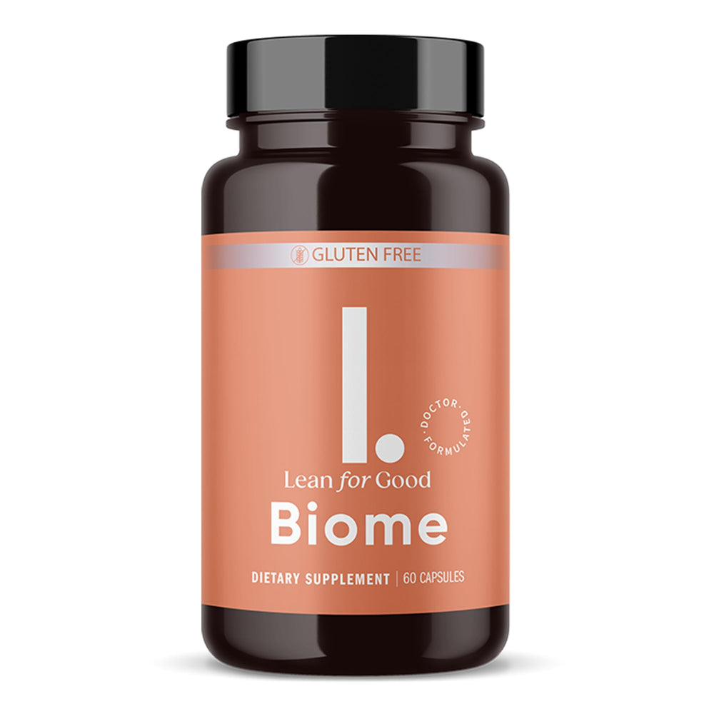 LEANFORGOOD Biome bottle front view highlighting 9-strain probiotic formula for gut balance