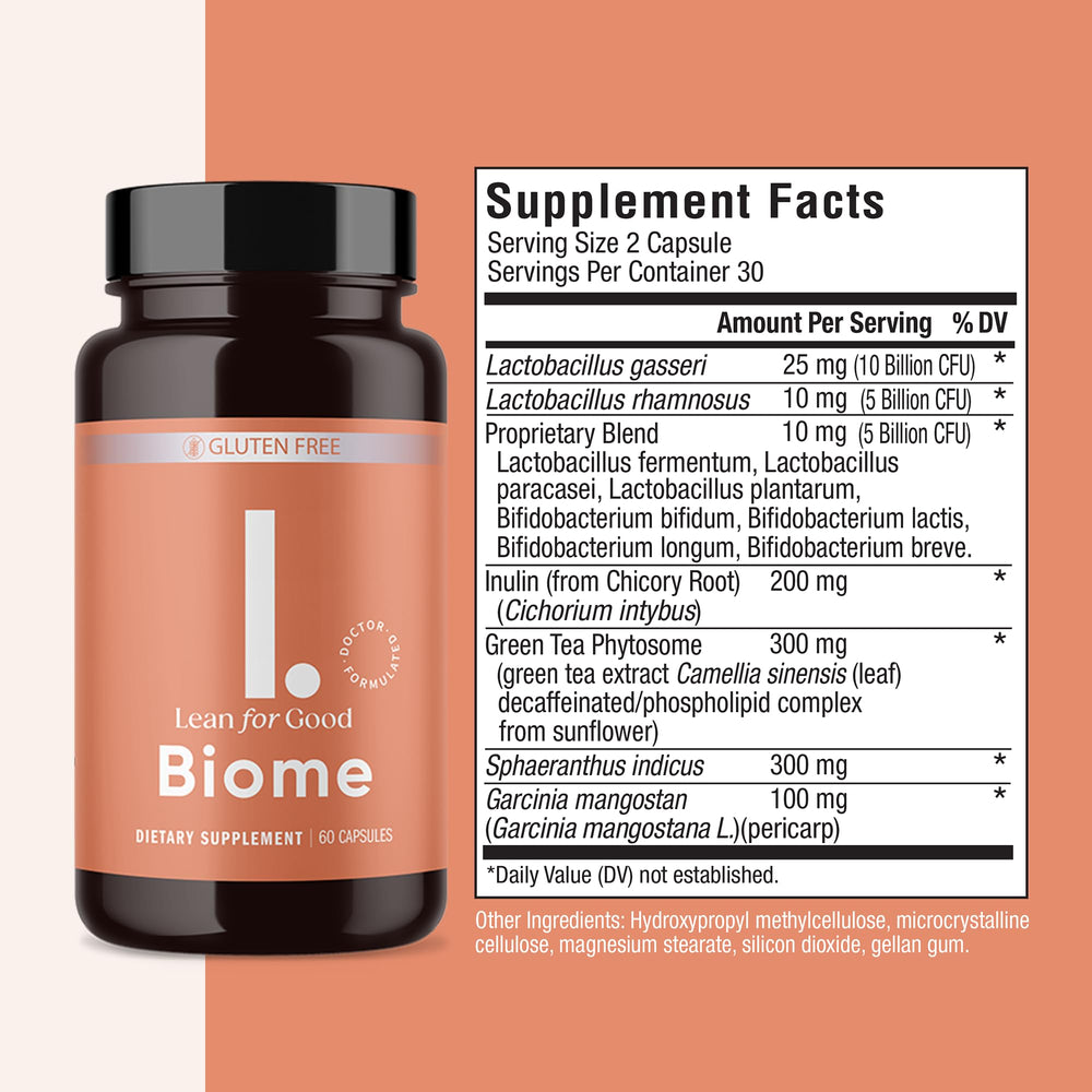 LEANFORGOOD Biome capsules close-up, emphasizing delayed-release delivery for stomach-safe probiotic benefits