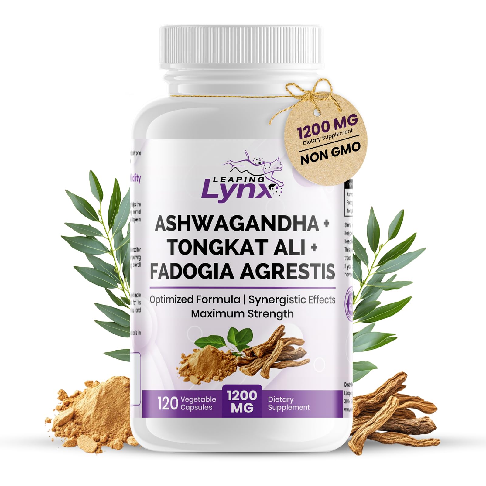Leaping Lynx Ashwagandha capsules in a bottle for daily stress support.