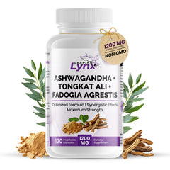 Leaping Lynx Ashwagandha capsules in a bottle for daily stress support.