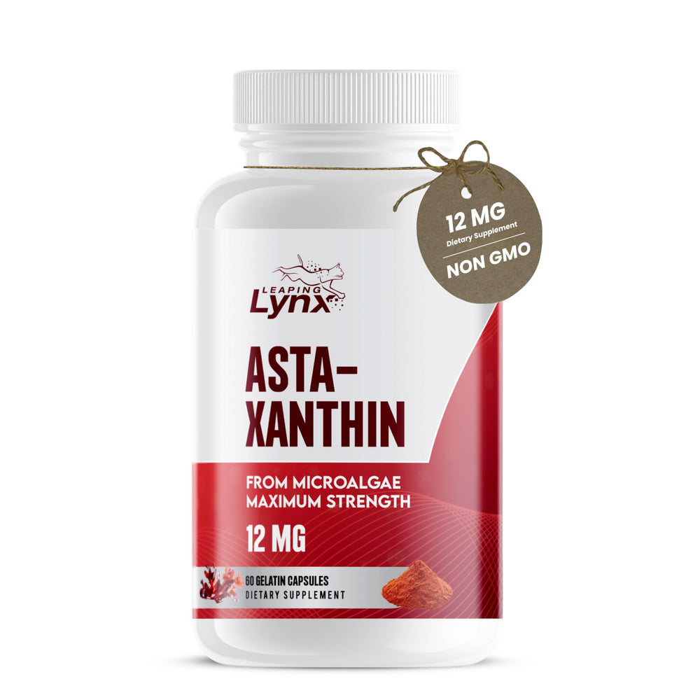 Leaping Lynx Astaxanthin 12mg bottle highlighting natural microalgae extract for daily antioxidant support.