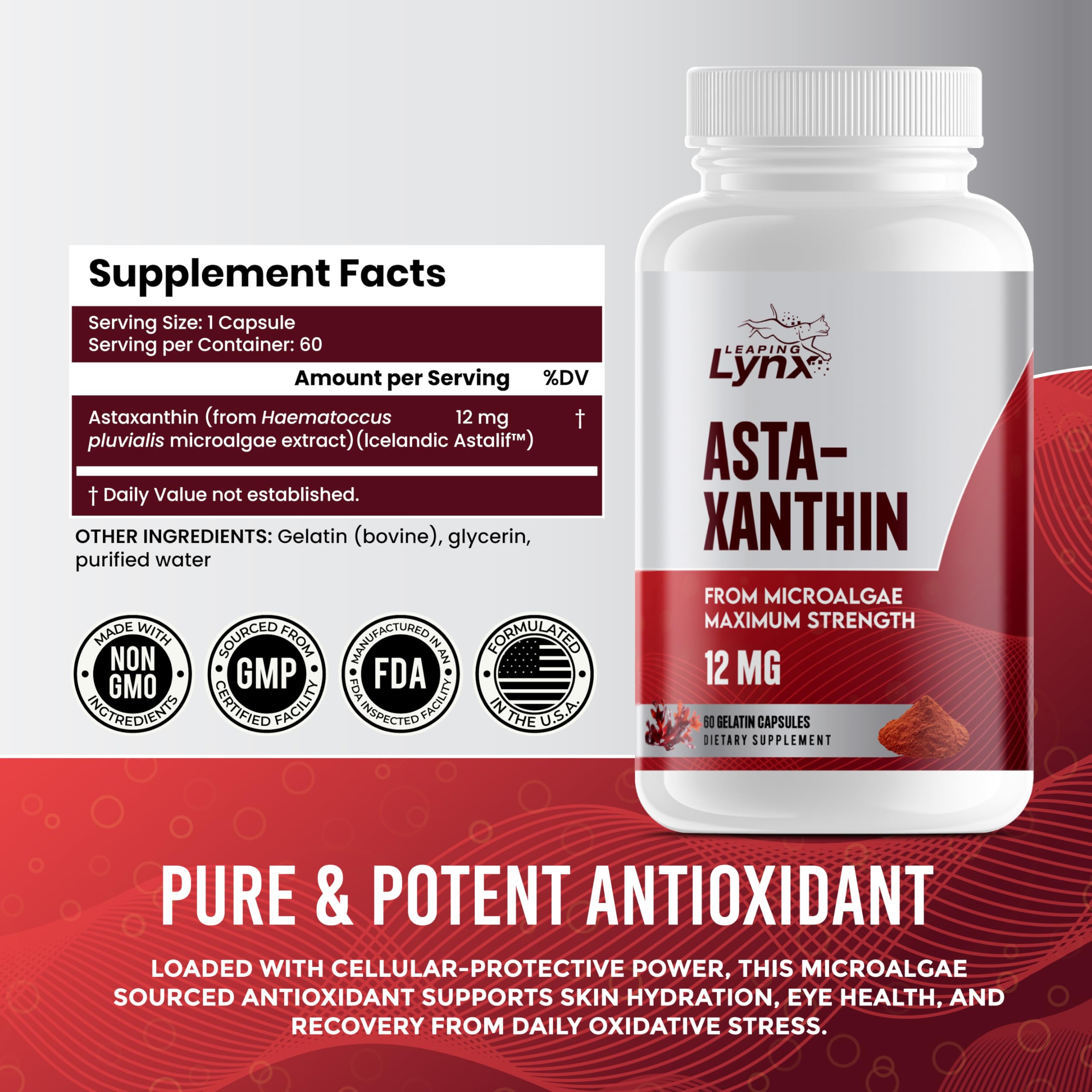 Leaping Lynx Astaxanthin label detail emphasizing non-GMO and clean manufacturing.