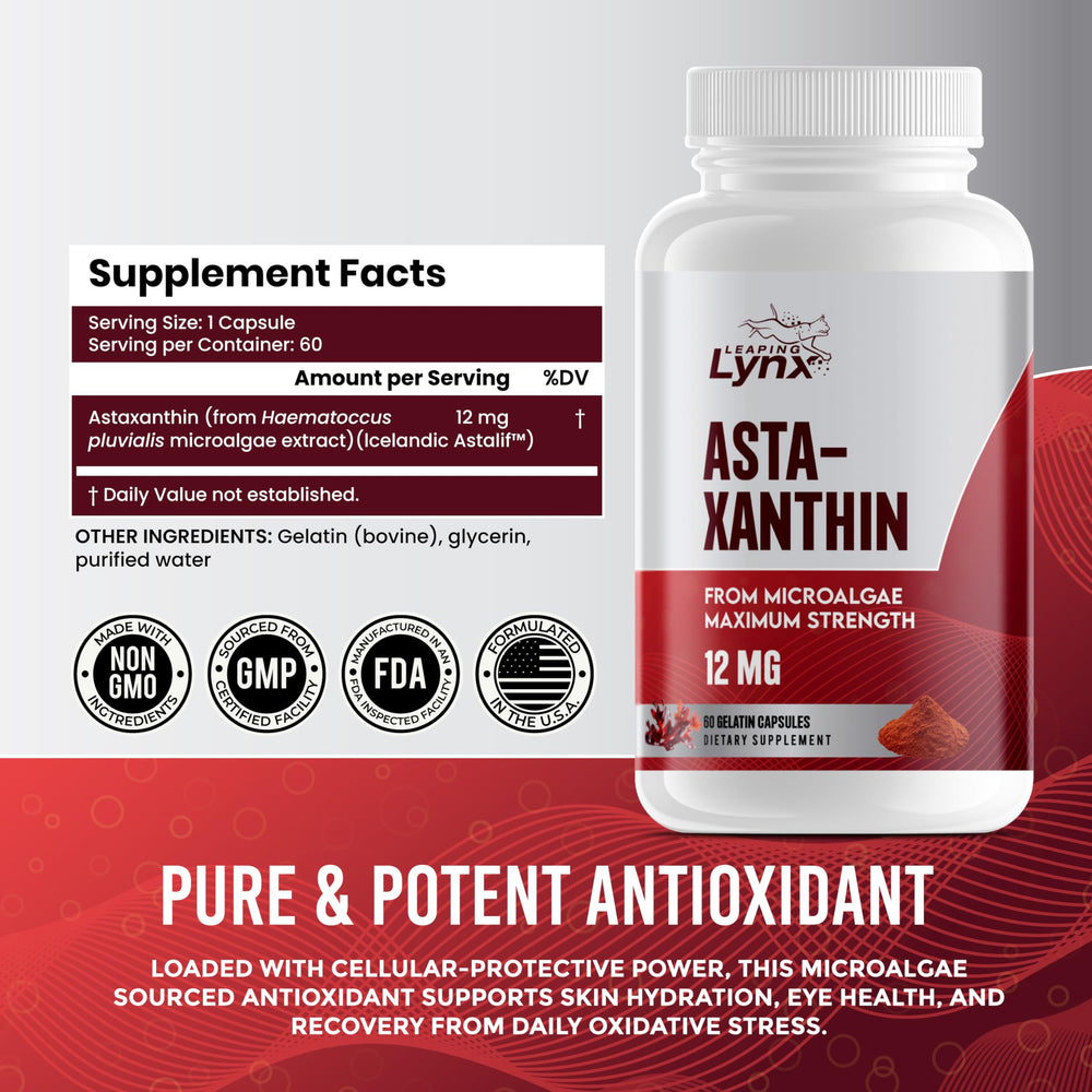 Leaping Lynx Astaxanthin label detail emphasizing non-GMO and clean manufacturing.