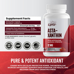 Leaping Lynx Astaxanthin label detail emphasizing non-GMO and clean manufacturing.
